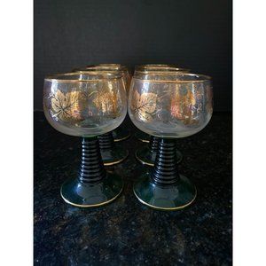 Wine Glasses, 4 3/8" Etched Gold Grapes with Green Beehive Stem, French, Qty. 6